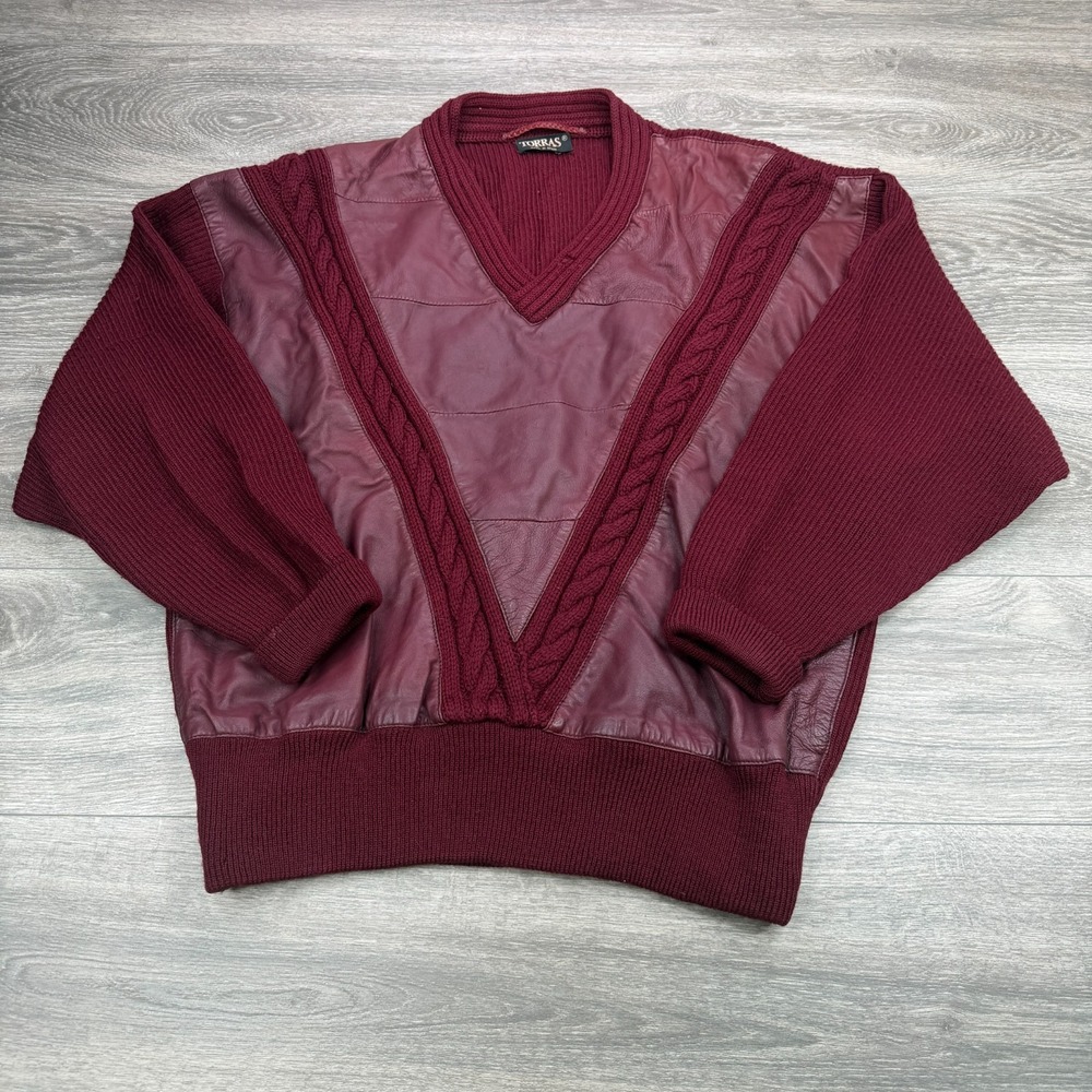 Vintage Torras Sweater Mens Large Burgundy Leather Panel Boxy Cable Knit Spain